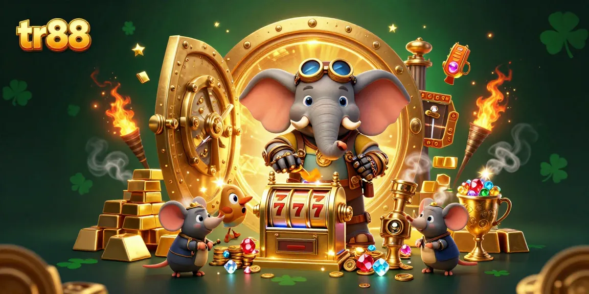 Experience tr88's thrilling jackpot action with an adventurous steampunk elephant at a vibrant casino scene.