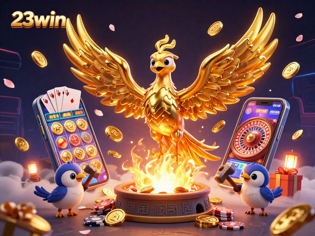 Experience thrilling wins with 23win while enjoying a vibrant 3D casino scene filled with excitement.