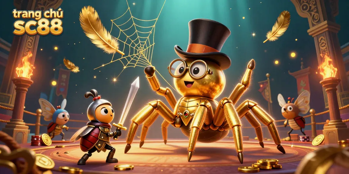 Engage with the vibrant scene of trang chủ sc88 featuring a golden tarantula and a beetle knight in an enchanting casino illustration.