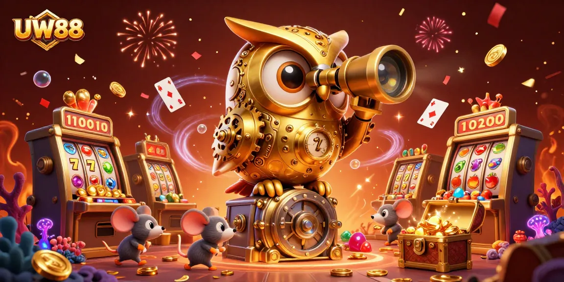 Experience thrilling gameplay at UW88 with dynamic casino elements including golden owls and slot machines.