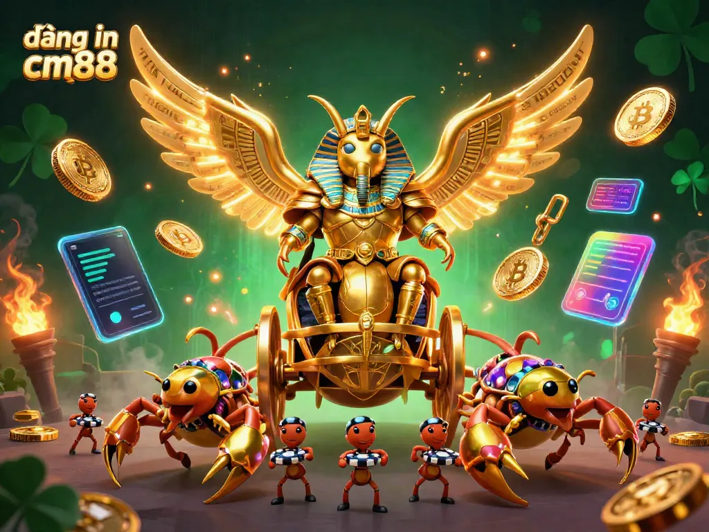Engage with đăng nhập cm88 through this vibrant 3D casino illustration showcasing a golden scarab beetle and crypto elements.
