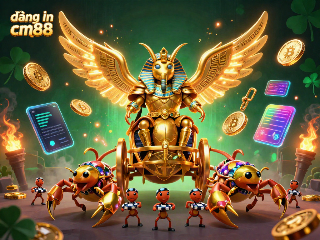 Engage with đăng nhập cm88 through this vibrant 3D casino illustration showcasing a golden scarab beetle and crypto elements.