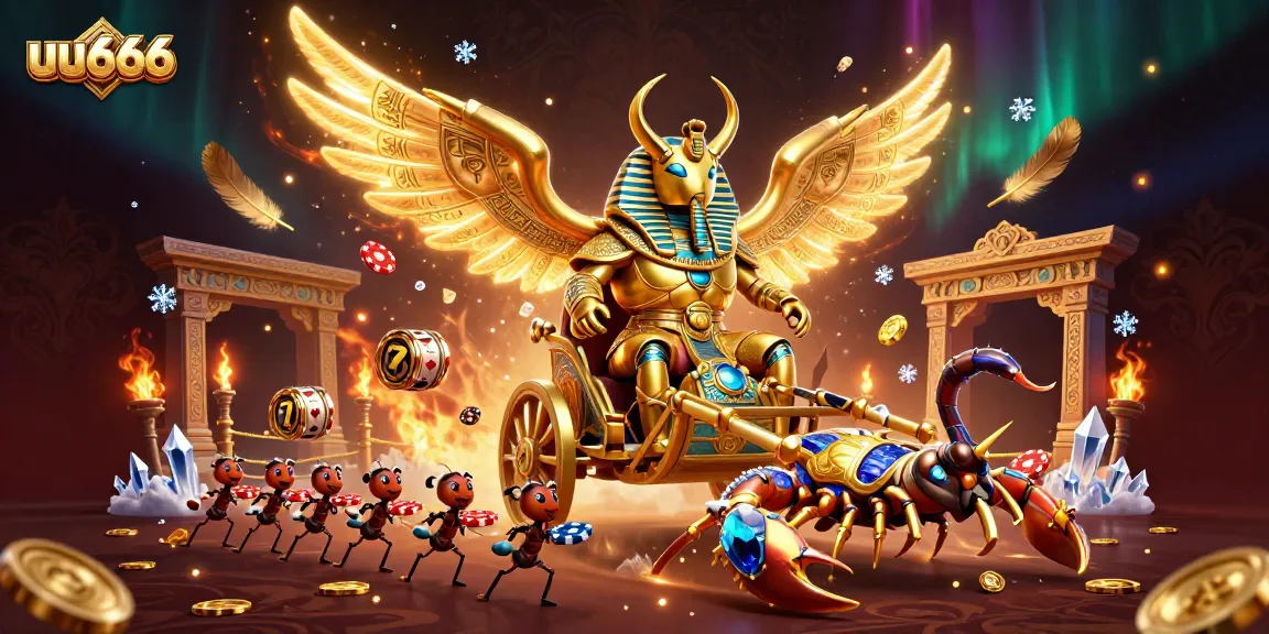 Experience thrilling gameplay with uu666's vibrant casino scene featuring a colossal golden scarab and poker chips.