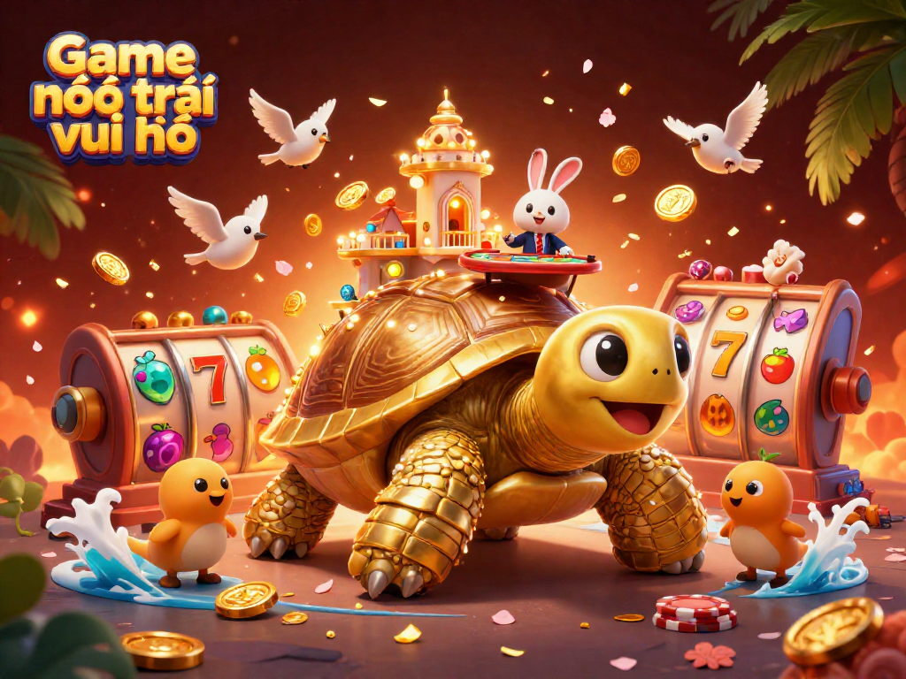 Engage in Game nông trại vui vẻ with a vibrant 3D casino scene featuring a golden tortoise and thrilling slot elements.