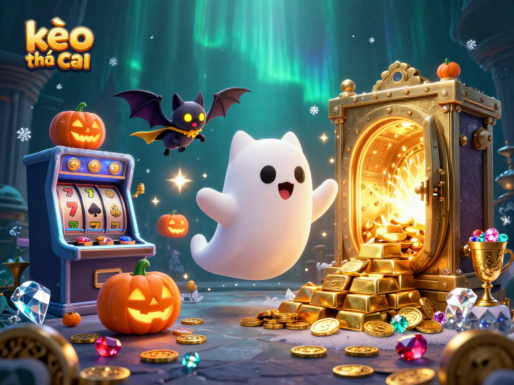 Experience the thrilling kèo nhà cái with a lively ghost cat and vampire bat in a glowing casino.