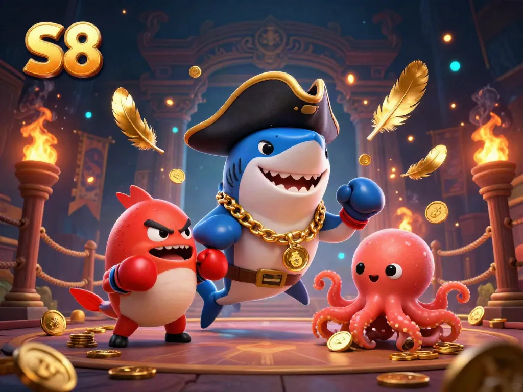 S8 online casino features vibrant characters like a pirate shark and pufferfish in an engaging gambling scene.