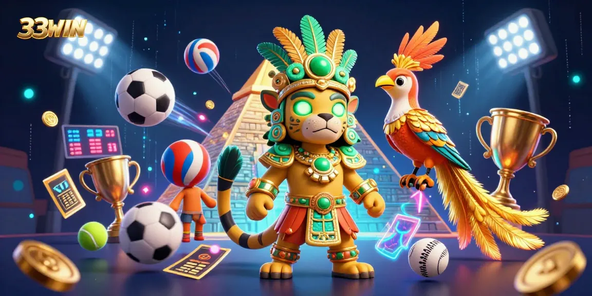 Engage with 33WIN's vibrant gaming experience in a dynamic sports-themed illustration.