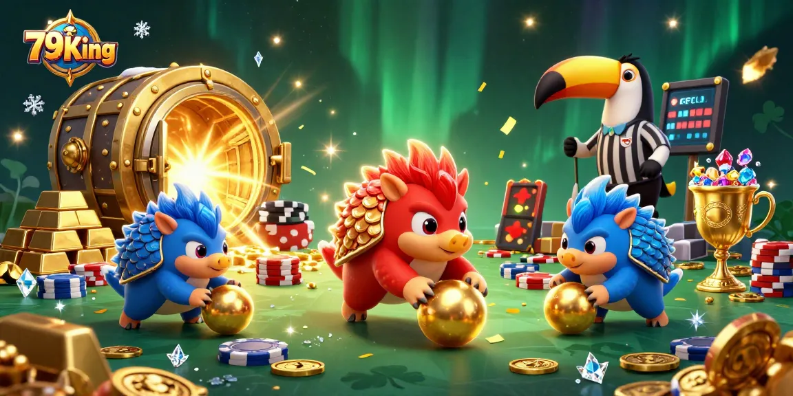 Pangolins competing at 79King casino, rolling golden balls and poker chips, lively gaming atmosphere.