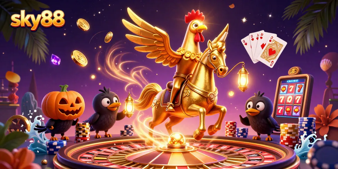Sky88 casino scene with a golden rooster and companions, featuring vibrant games and treasures.