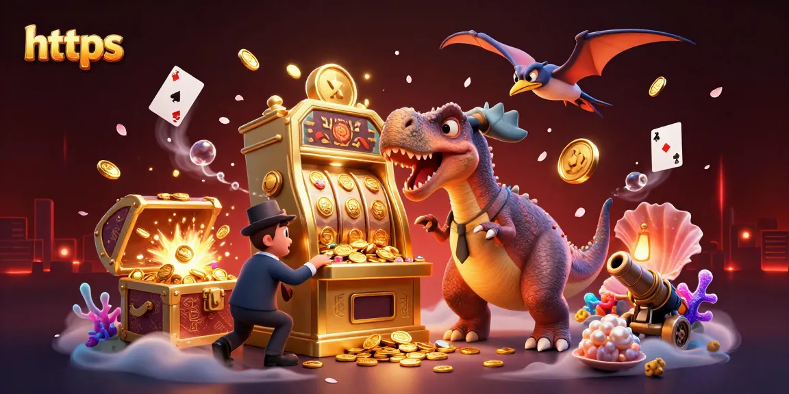 htpps delights players with a cartoon dinosaur winning jackpot coins in a vibrant casino illustration