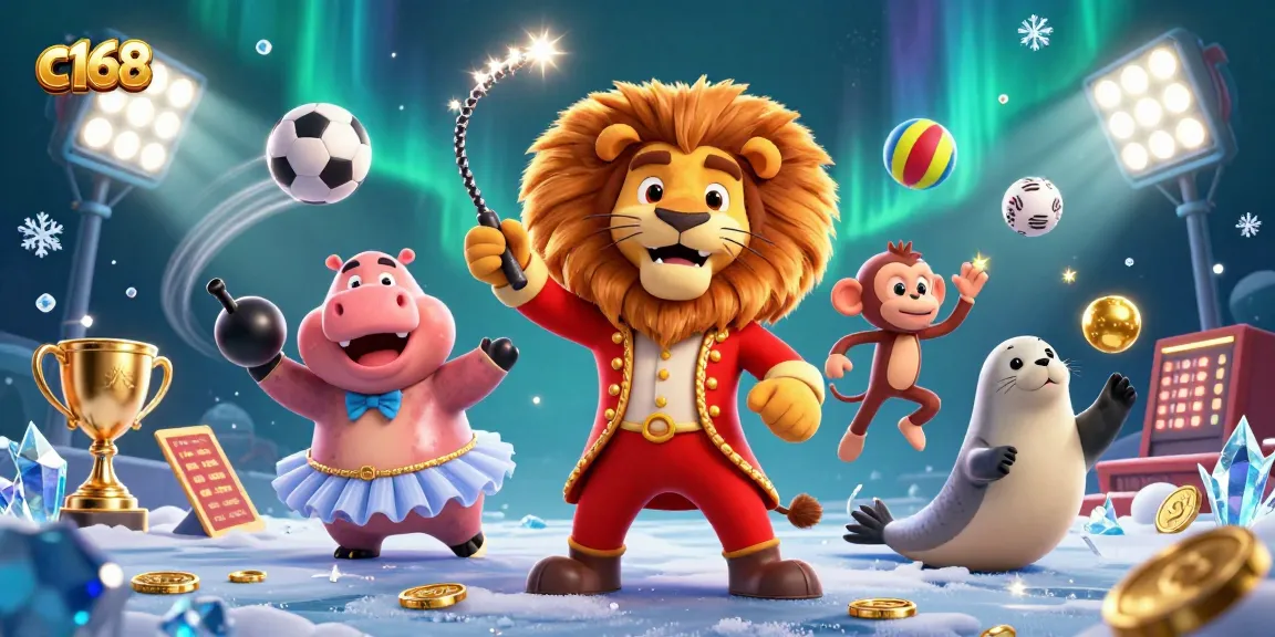 Experience thrilling gaming with c168's vibrant circus-themed illustration showcasing dynamic casino elements.