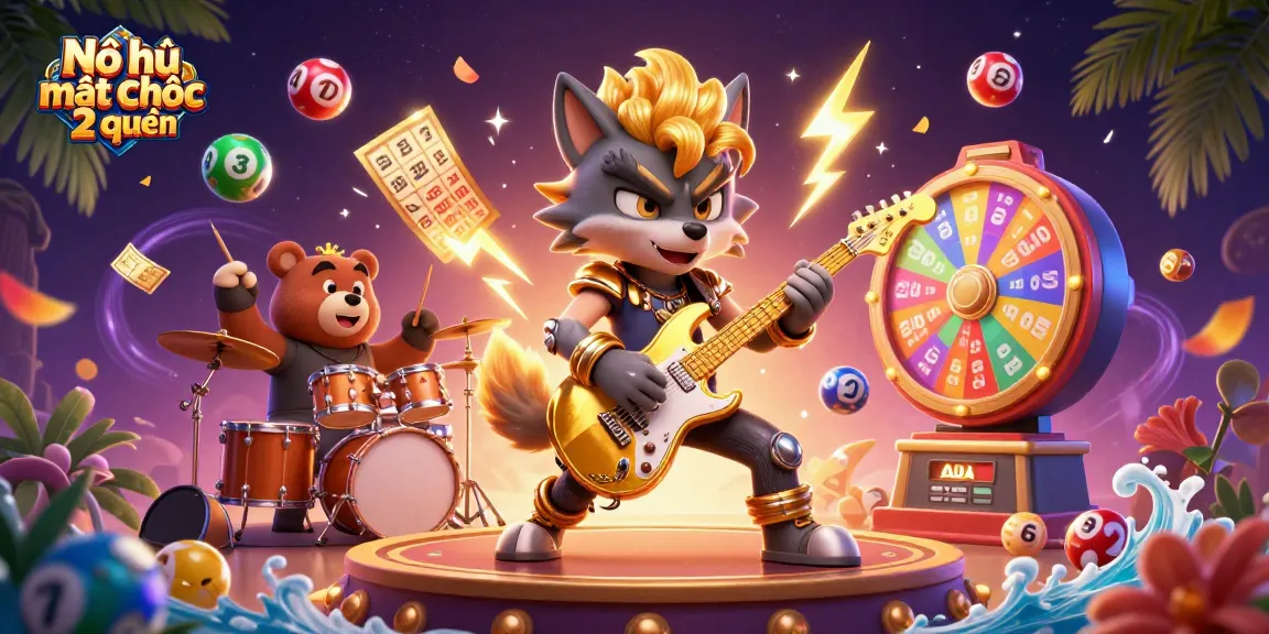 Nổ hũ mạt chược 2 người showcases a wolf rock star and drummer bear in an electrifying casino setting.