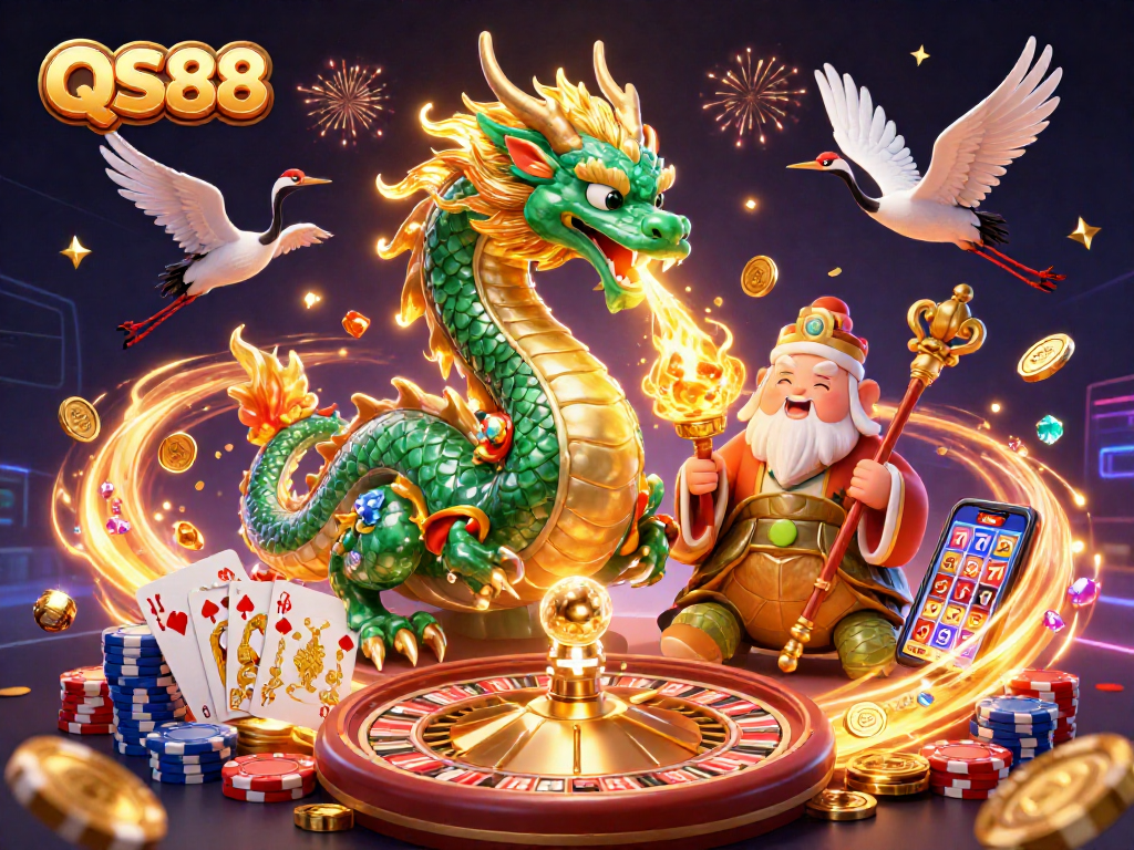 Experience thrilling gameplay at QS88 with an emerald jade dragon and cartoon turtle amidst cascading golden coins and a spinning roulette wheel.