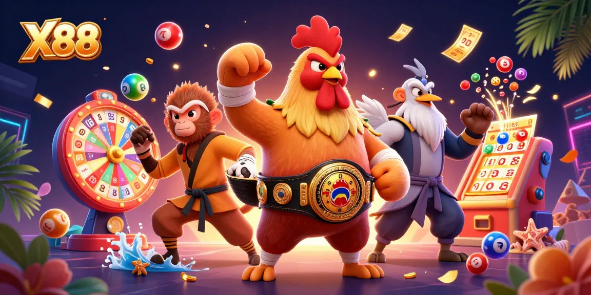X88 slots come alive with a fierce Muay Thai rooster, monkey, and crane amidst vibrant games.
