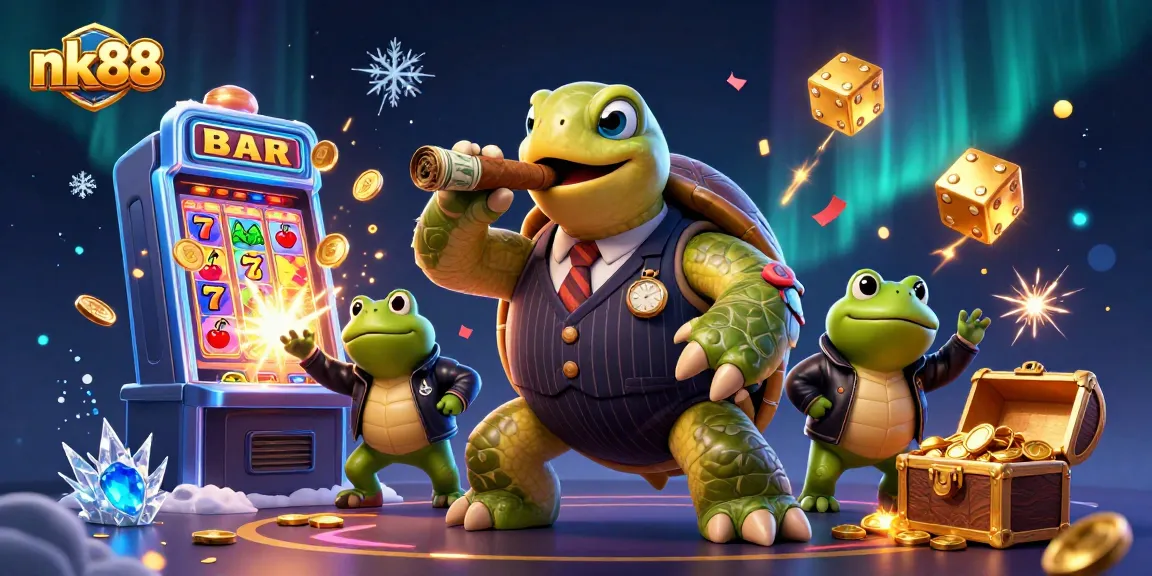 Experience thrilling nk88 gameplay with a massive turtle mobster and vibrant jackpot elements lighting up the scene.