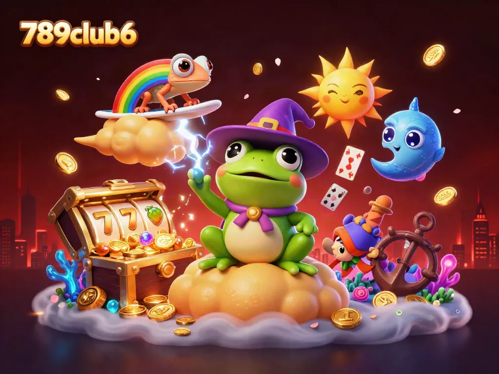 Experience thrilling gameplay at 789club6 with a colorful storm of coins, slot reels, and vibrant chameleon characters.