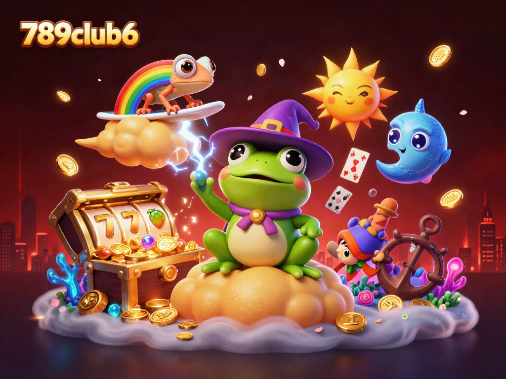 Experience thrilling gameplay at 789club6 with a colorful storm of coins, slot reels, and vibrant chameleon characters.