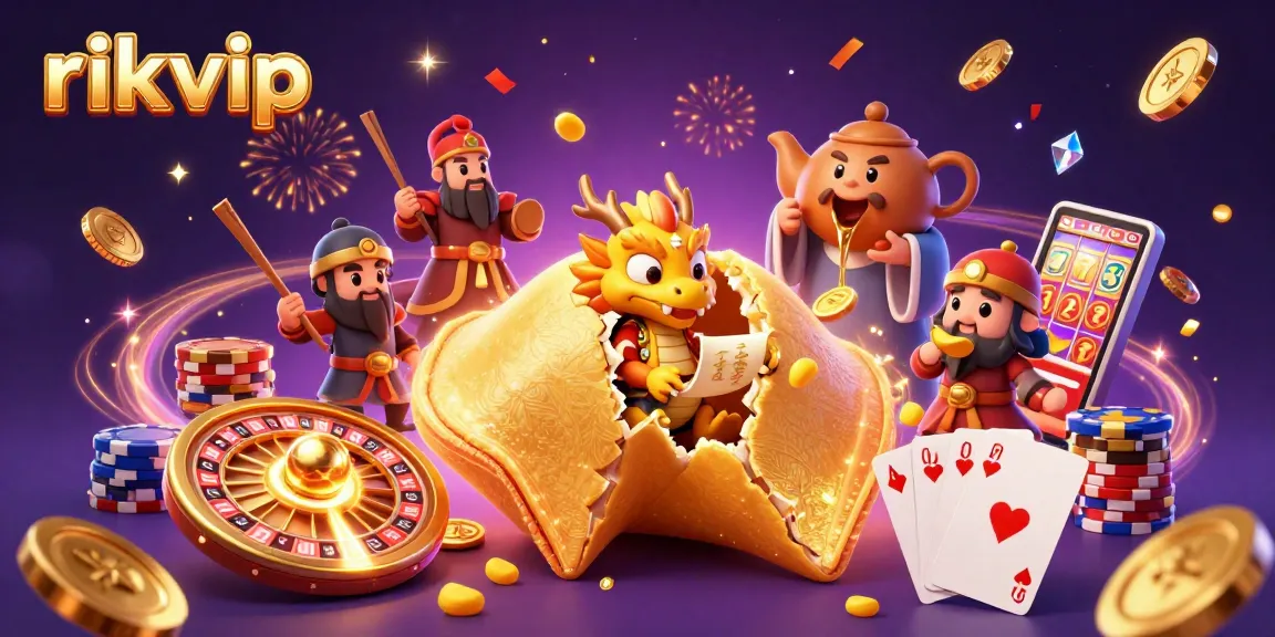 Experience the winning excitement at rikvip with a vibrant 3D casino illustration featuring golden fortunes and lively game elements.
