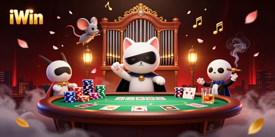 Engage with iWin's thrilling poker scene featuring a majestic cat and acrobat in vivid action.