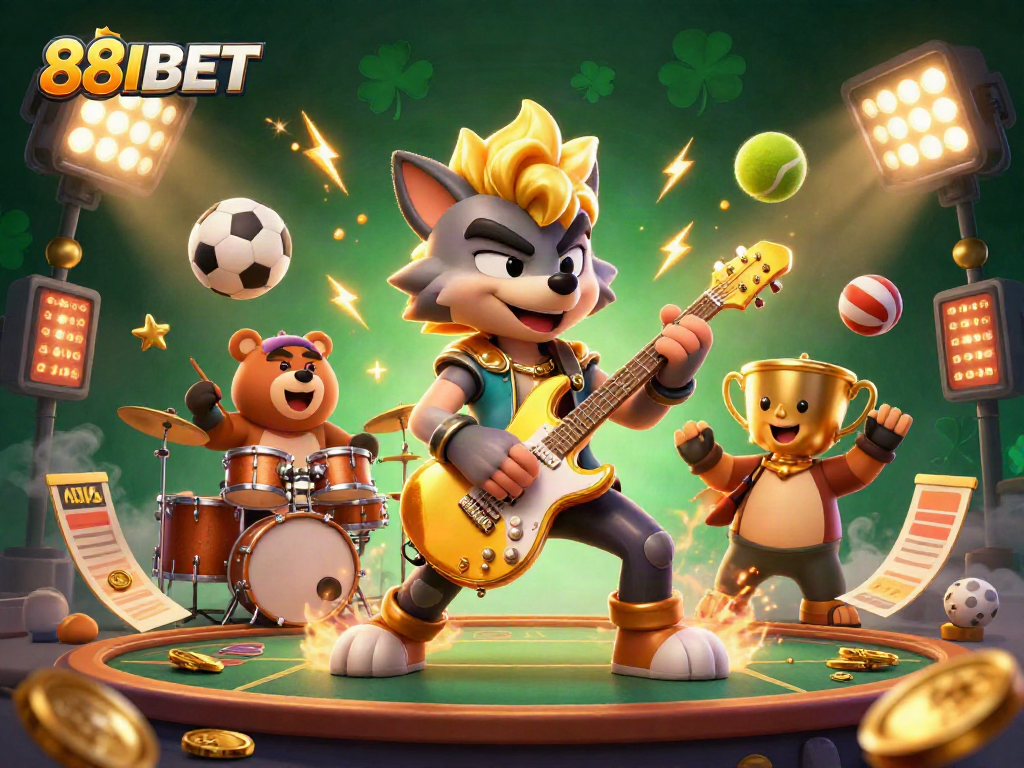 88IBET showcases a dynamic casino scene with a rocking wolf and energetic elements.