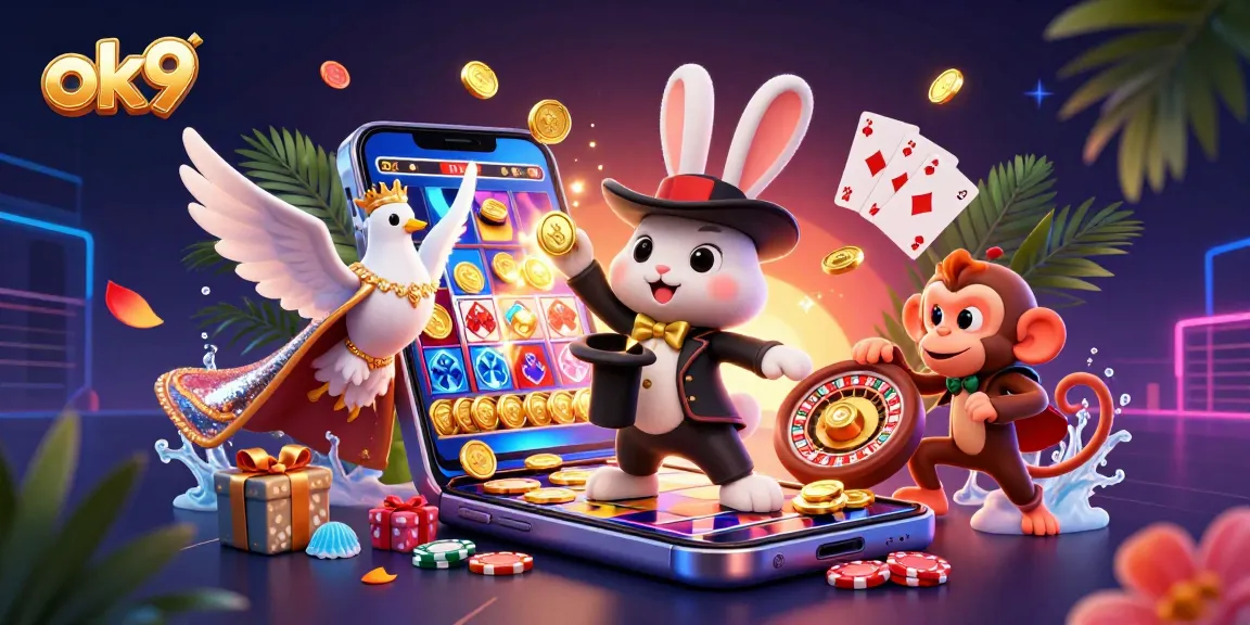 Engage with ok9’s vibrant casino world while winning coins and jackpot prizes in a playful scene.