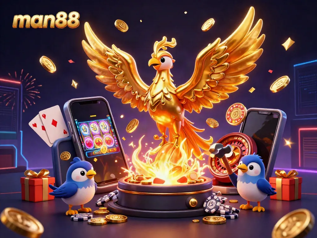 Engage with man88's golden phoenix rising from molten gold, surrounded by vibrant casino elements.