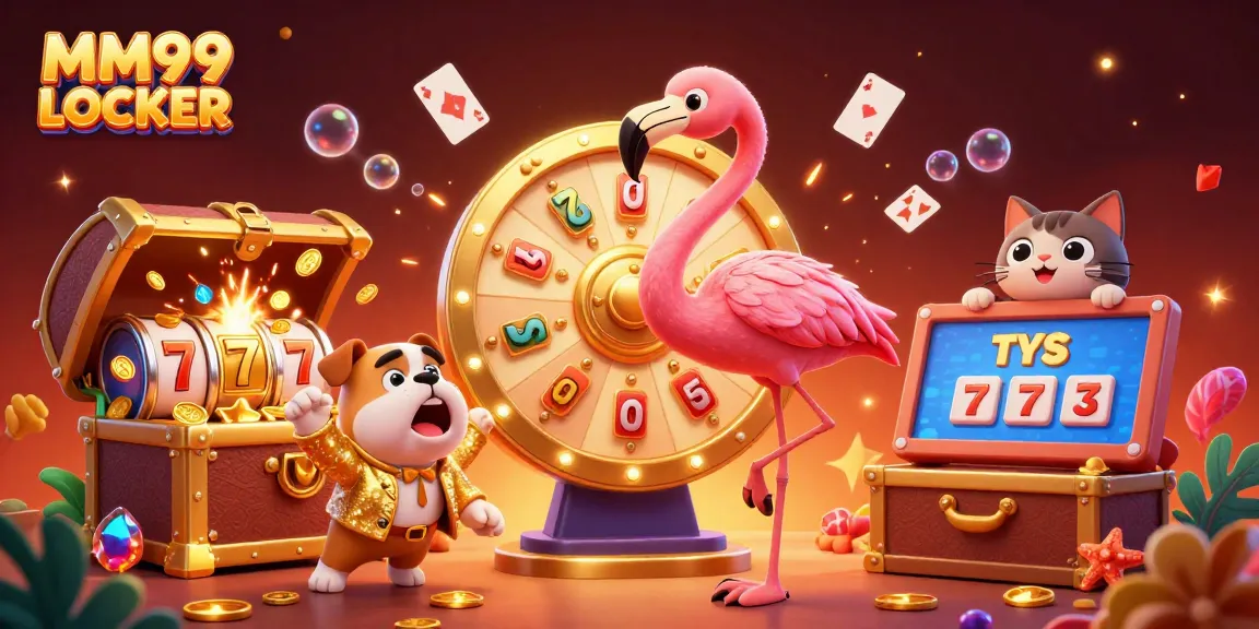 Engage with MM99 LOCKER at a vibrant casino scene featuring adorable characters and jackpots.