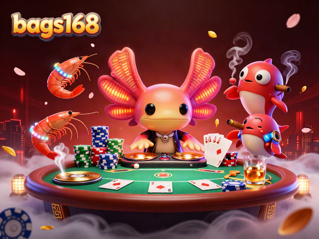 Experience bags168's vibrant casino scene featuring a lively axolotl DJ and dynamic poker elements.