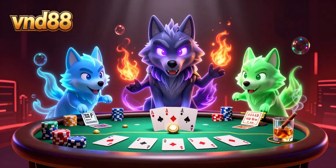 Experience thrilling gameplay at vnd88 with a dynamic poker scene featuring energetic ghostly wolves.