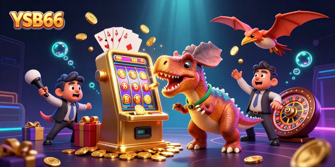 YSB66 offers exciting jackpot rewards as a pachycephalosaurus interacts with a winning slot machine in a vibrant casino environment.