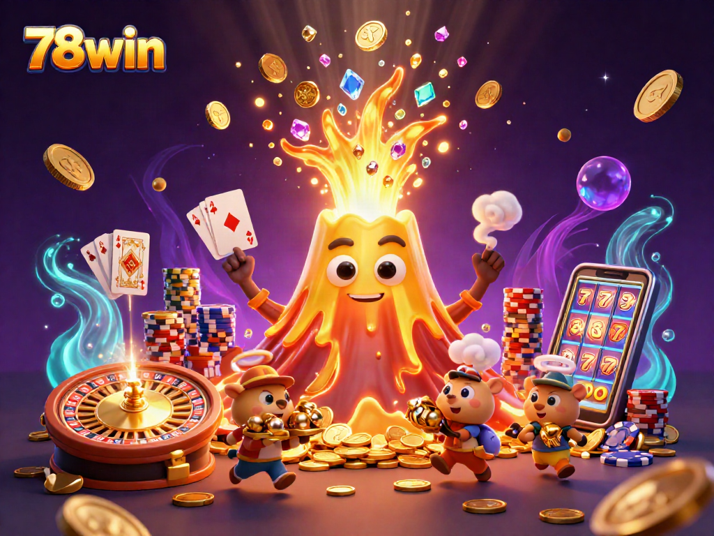 Craft your way to wins with 78win as coins and gems rain from a magical volcano in this dynamic casino scene.