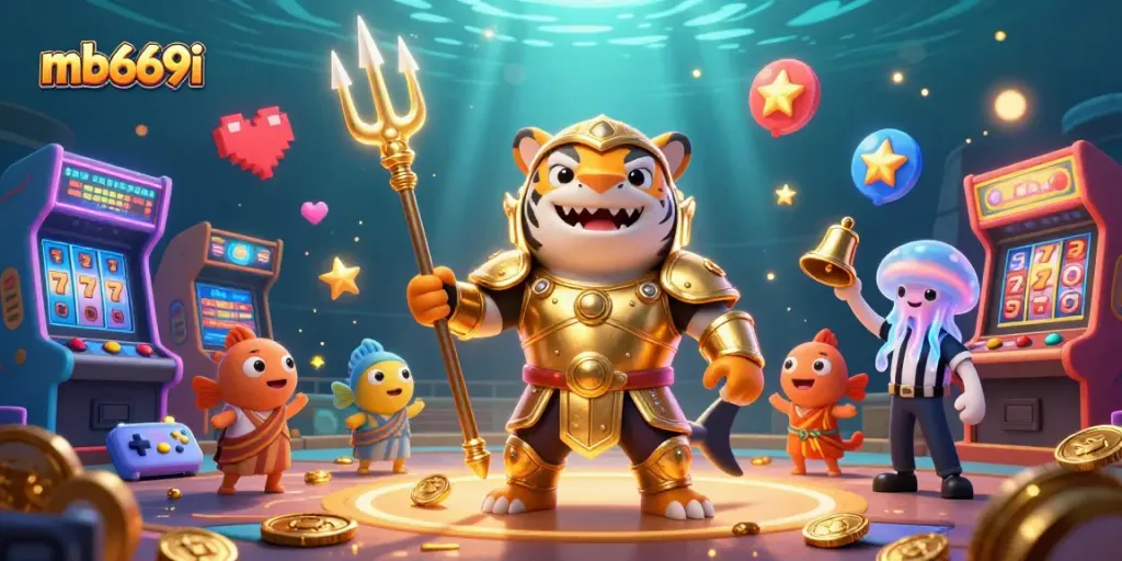 Engage with mb669i's thrilling underwater gambling scene featuring a gladiator shark and vibrant game elements.