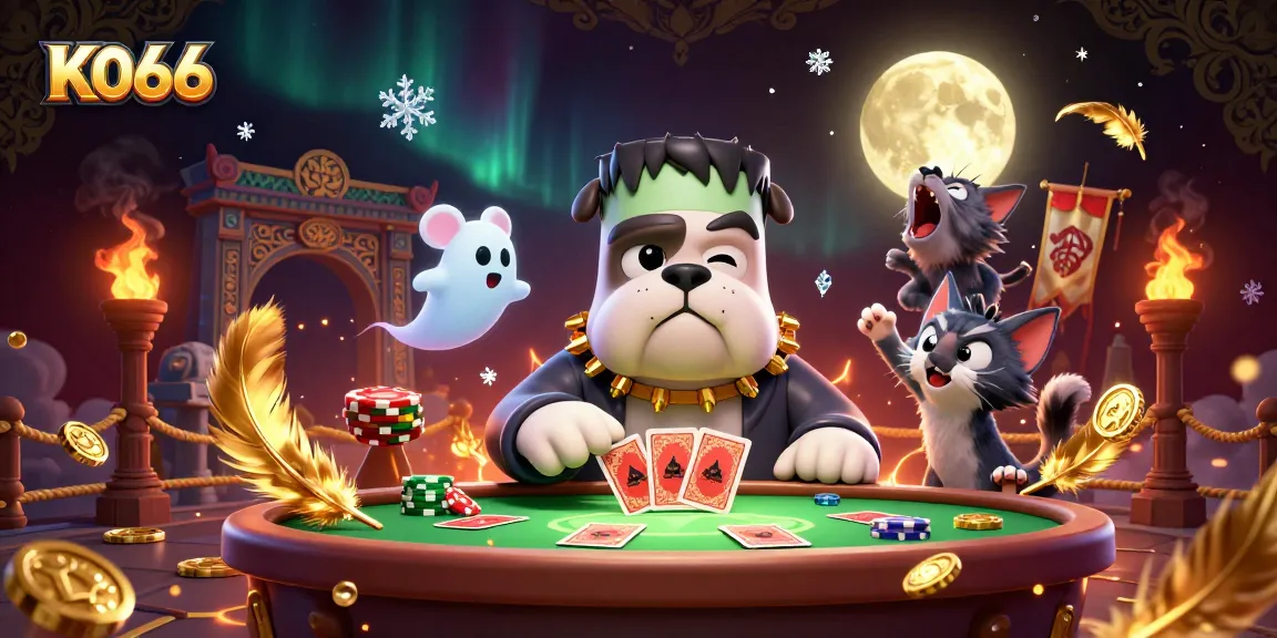 Engage in thrilling card games at KO66, where a cartoon Frankenstein bulldog dealer awaits.