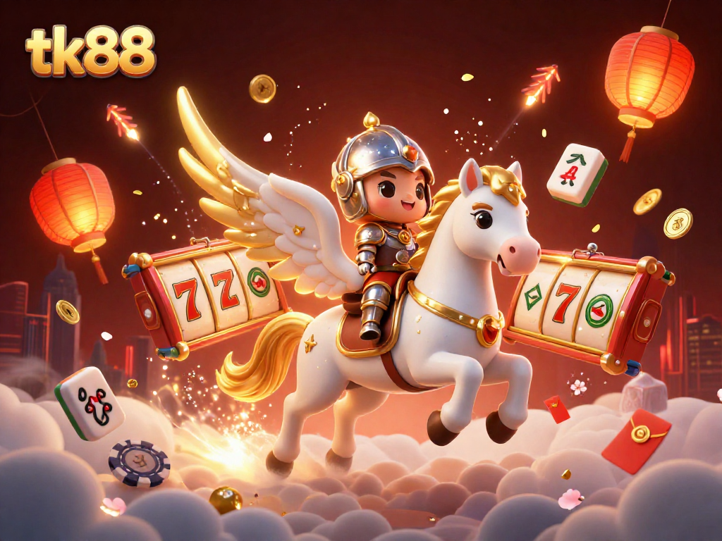 tk88's enchanting casino scene with a celestial horse, slot reels, and vibrant festive elements