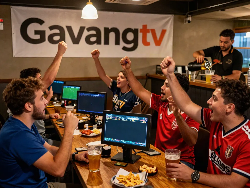 Fans enjoying live football streaming on Gavangtv in a lively sports bar.
