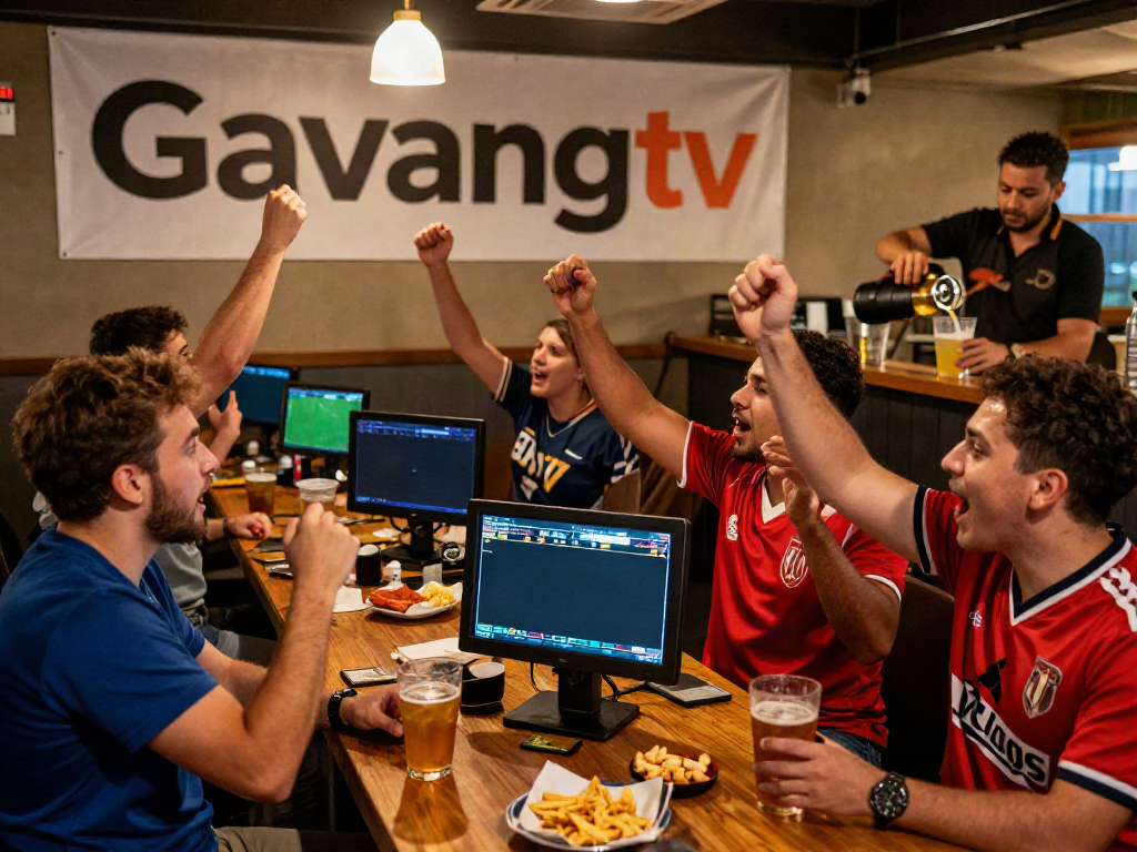 Fans enjoying live football streaming on Gavangtv in a lively sports bar.