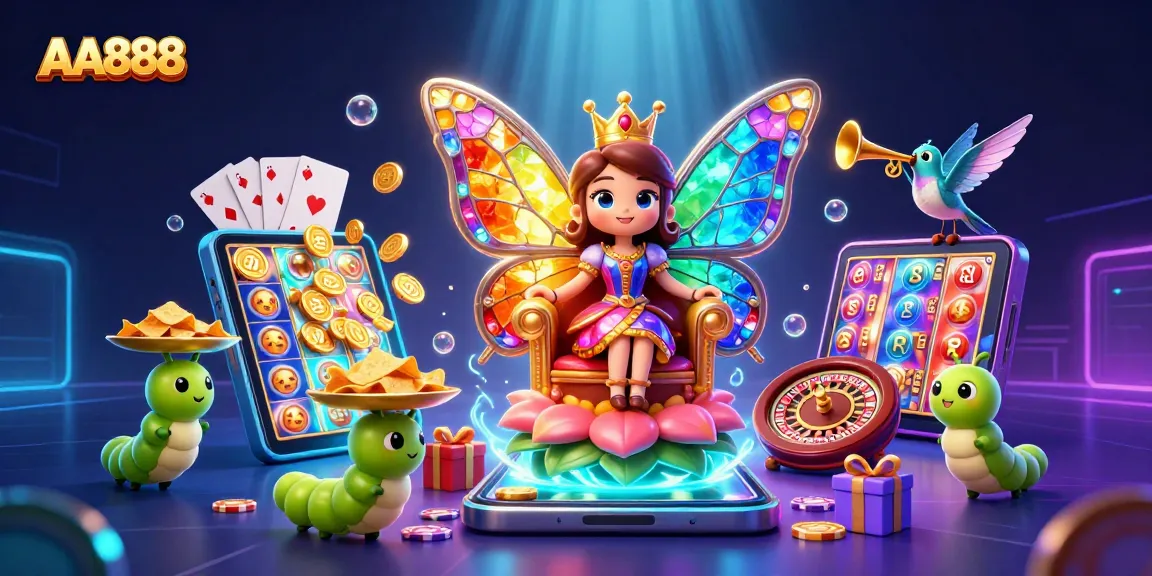 Experience the excitement of AA888 in a vibrant casino-themed illustration with characters and gaming elements.