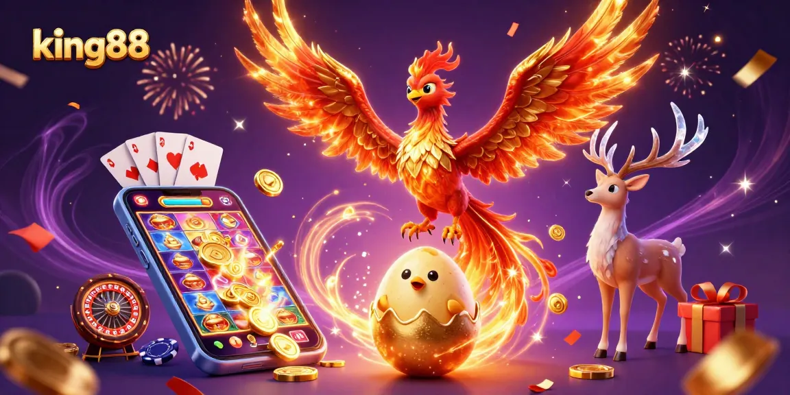 Engage with king88's vibrant casino world filled with golden slots, fireworks, and mythical creatures!