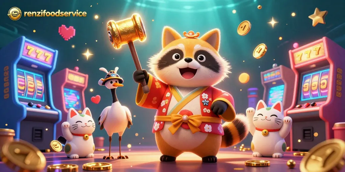 Engage in thrilling gameplay featuring renzifoodservice with a joyful tanuki, casino elements, and lucky symbols.