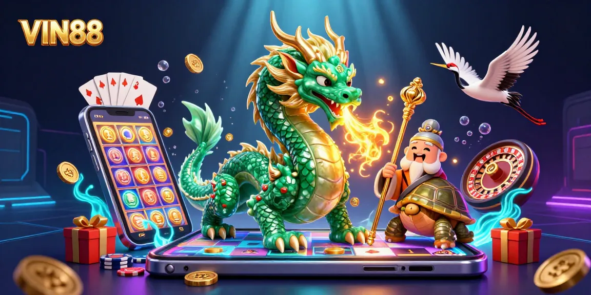 Experience VIN88 with a massive emerald jade dragon and characters amidst a vibrant casino scene.