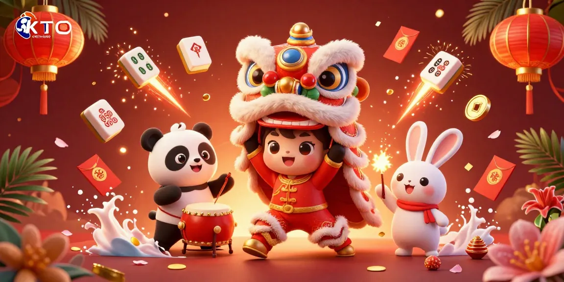Experience the excitement of cược casino KTO with a vibrant illustration featuring a lively lion dance and symbols of fun.