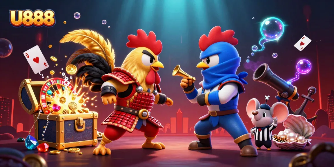 Experience thrilling action at U888 with cartoon fighting roosters and exciting casino elements.