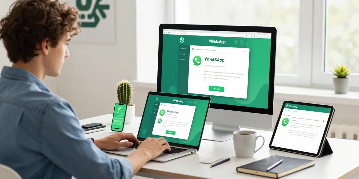 WhatsApp下載 process on a laptop in a modern workspace with tech elements.