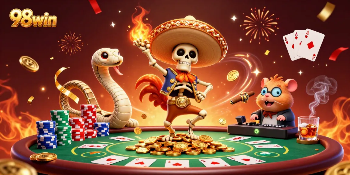 Celebrate wins with 98win at a vibrant casino scene featuring interactive characters and games.