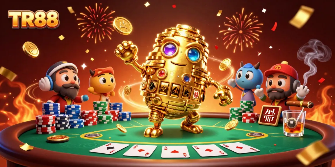 Engage with TR88's thrilling poker action amidst golden golem and vibrant casino elements