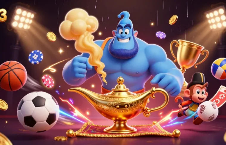 uu33 sports betting scene with a genie, monkey, and poker chips flying
