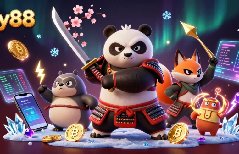 Engage with sky88's thrilling 3D casino art featuring samurai panda and ninja fox.