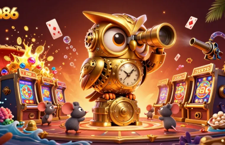 Experience unmatched thrill with sam86's vibrant casino adventure featuring a majestic owl amidst gaming treasures.