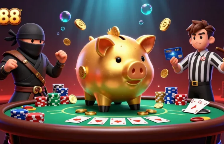 Engage with sn88 in this vibrant casino scene featuring a dynamic piggy bank sumo wrestler and cards.