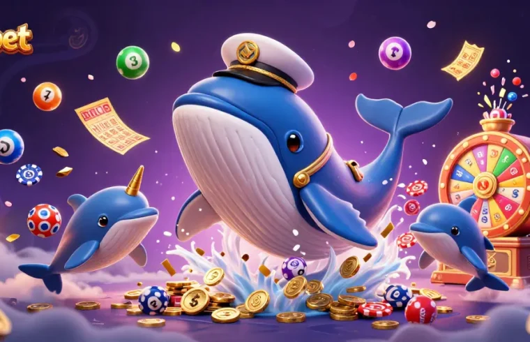 Debet brings fortune as a vibrant whale, narwhal, and dolphins play among colorful lottery elements.